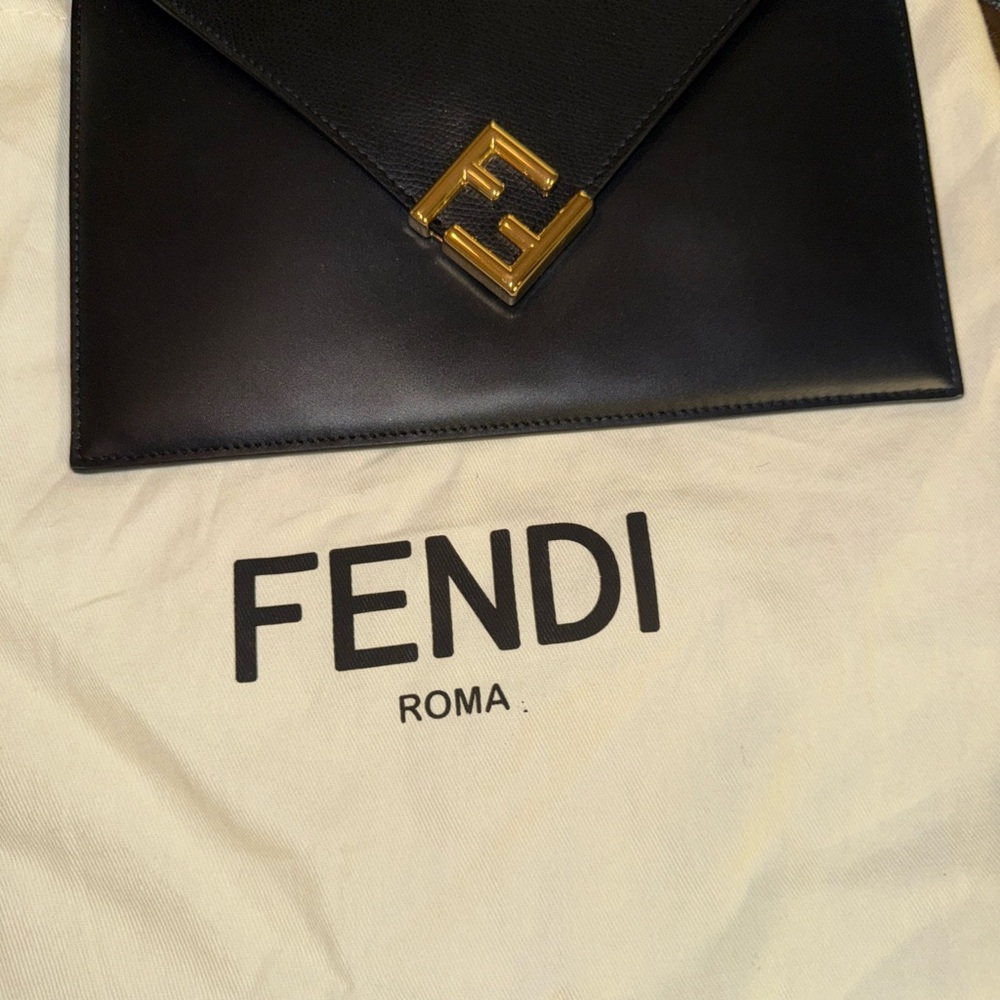 Fendi Black Leather Clutch with Gold Accent